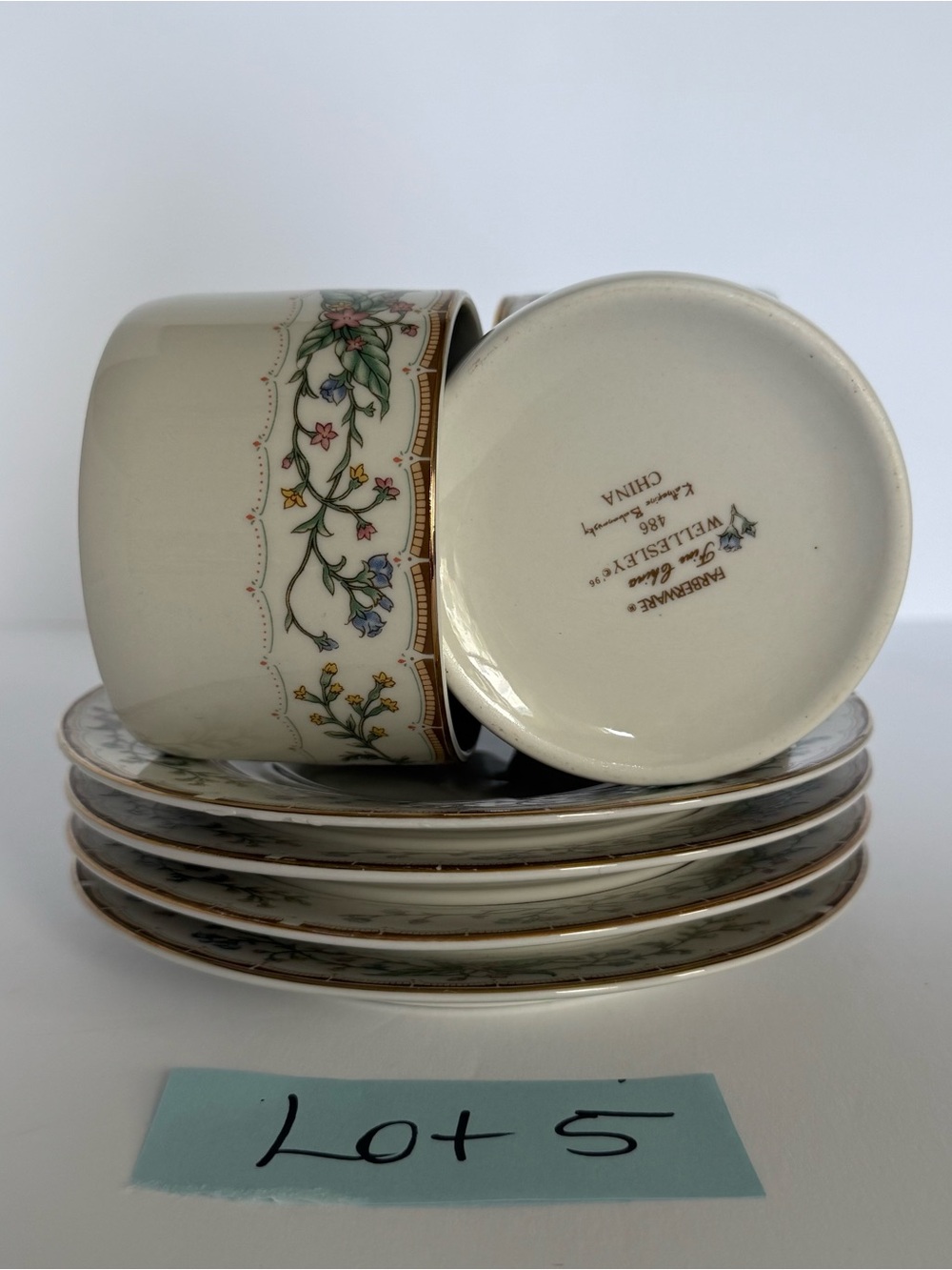 Set of 4 Farberware 1996 Wellesley #486 Fine China Teacups and Saucers 8pcs #5